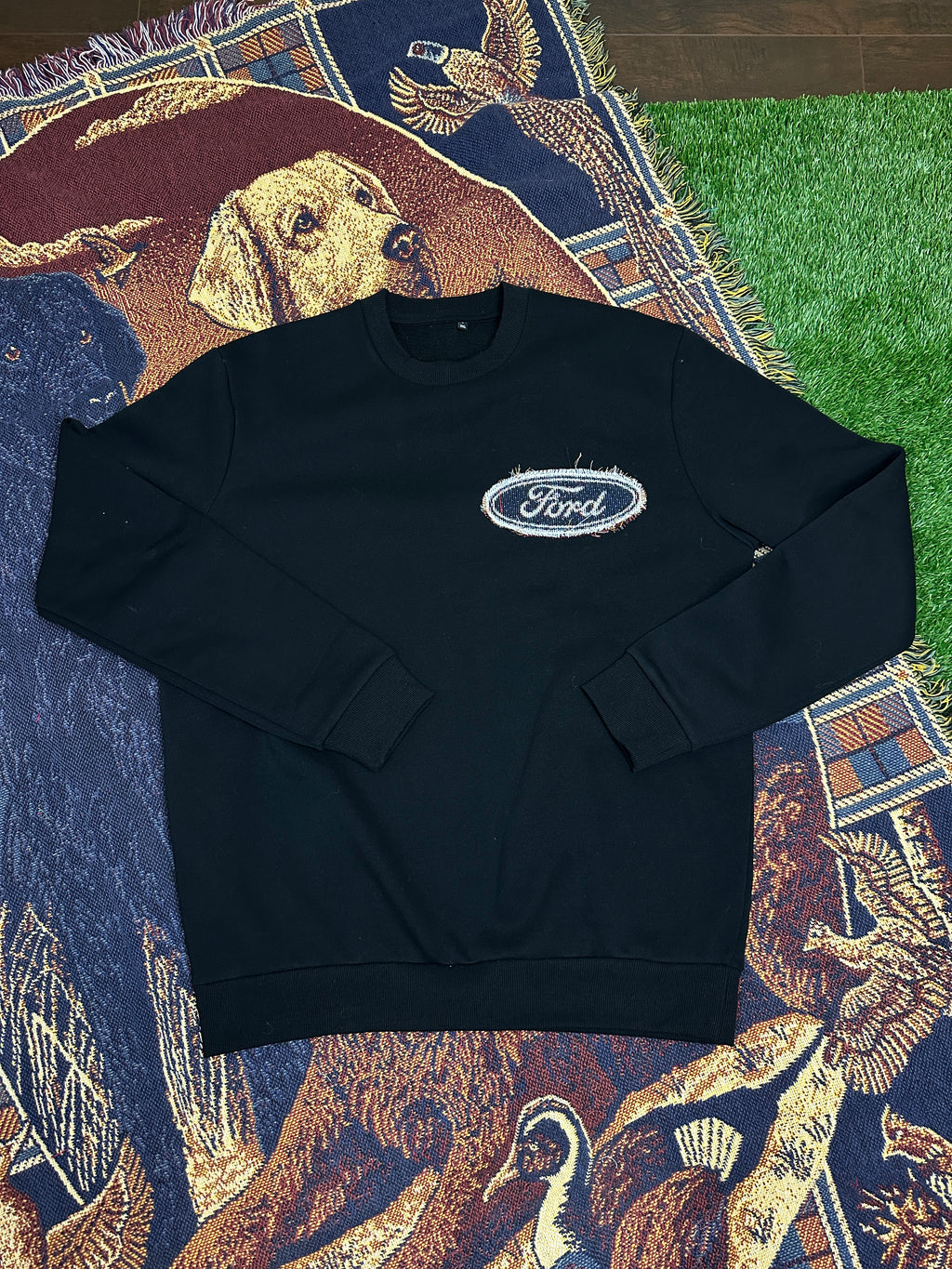 Black Crewneck with Car Patchwork