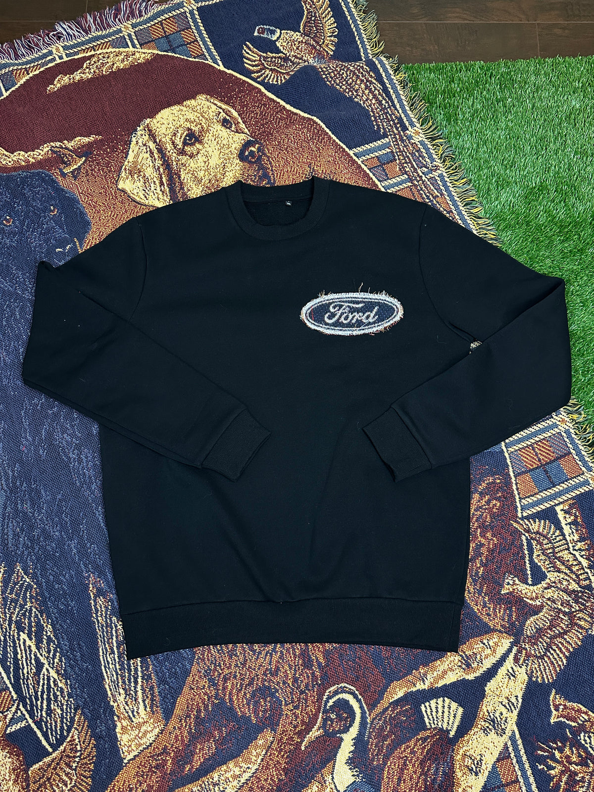 Black Crewneck with Car Patchwork