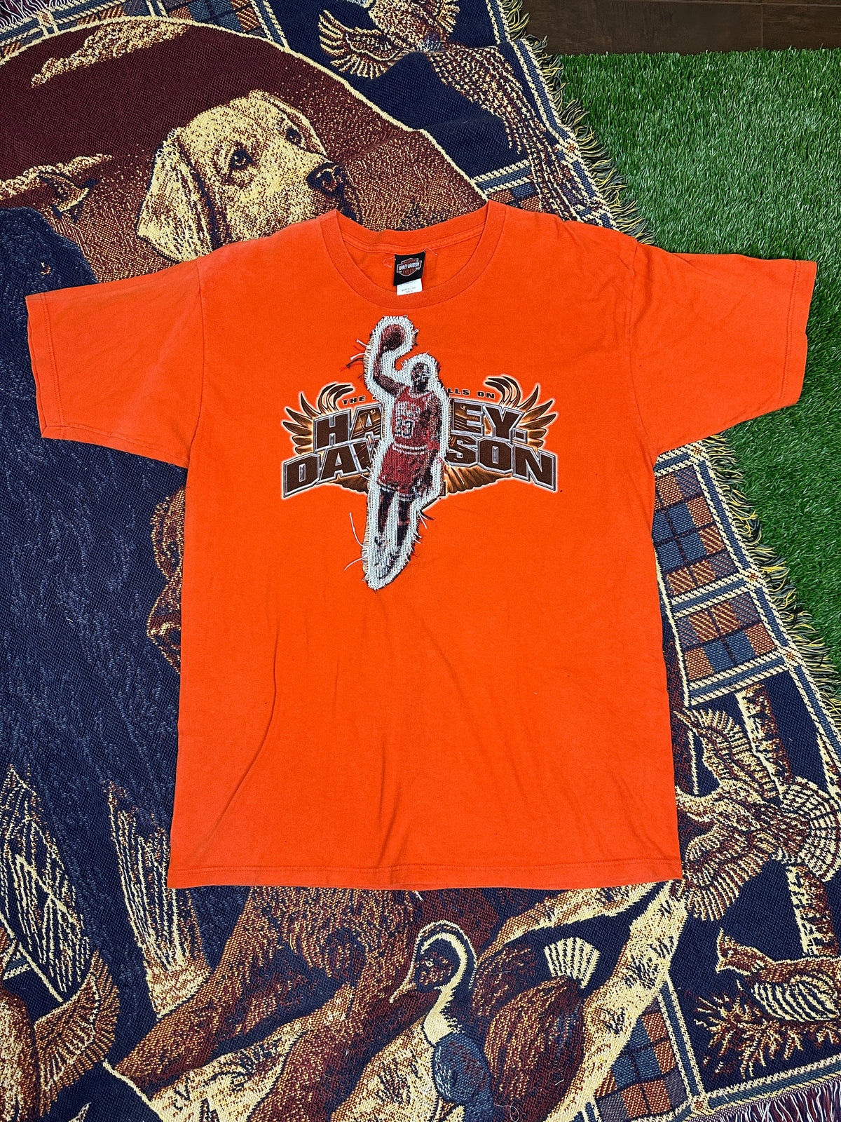 Harley Davidson Vintage Tee with Basketball Man Patchwork